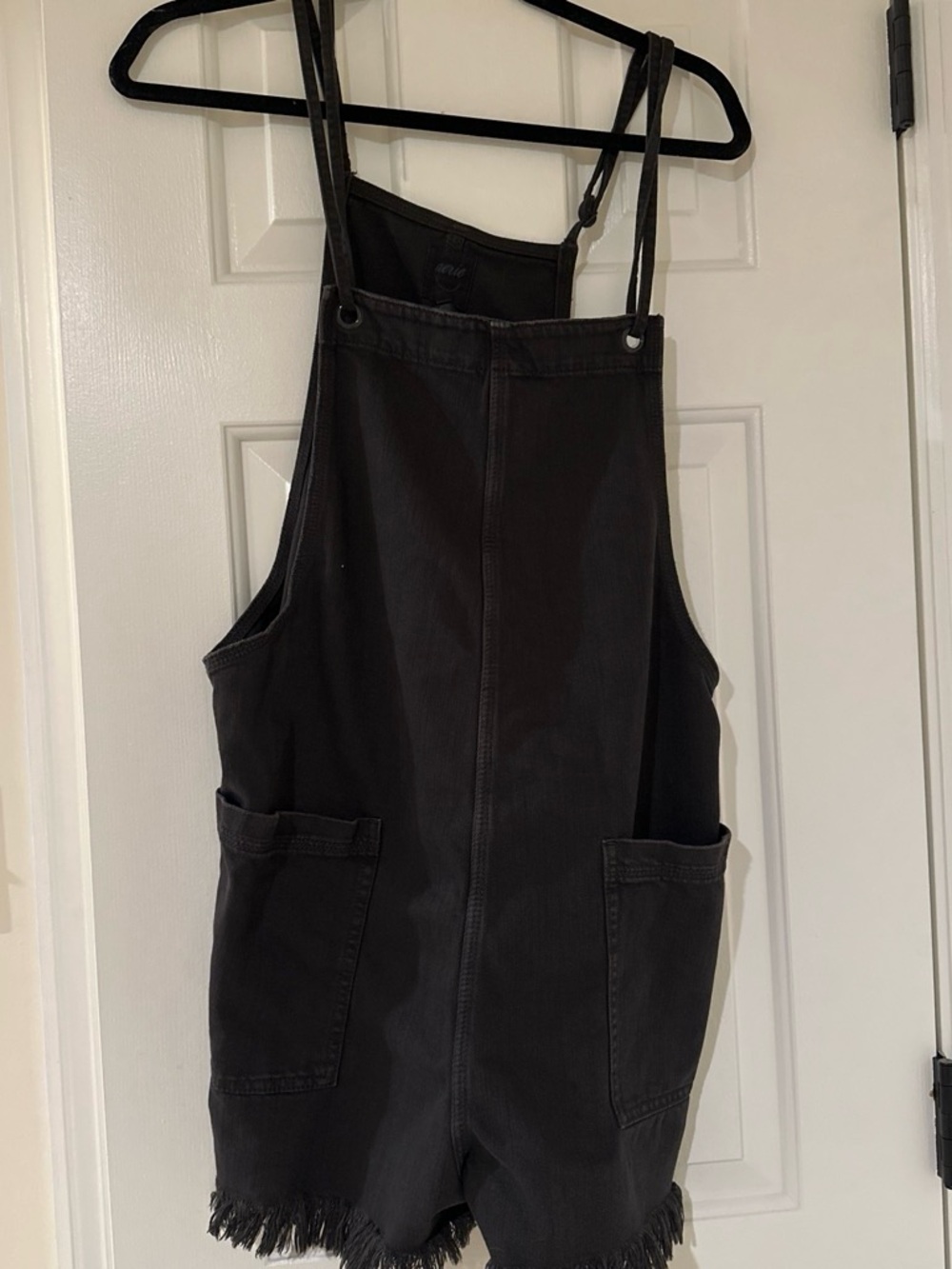 Black Denim Short Overalls Romper with Frayed Hem